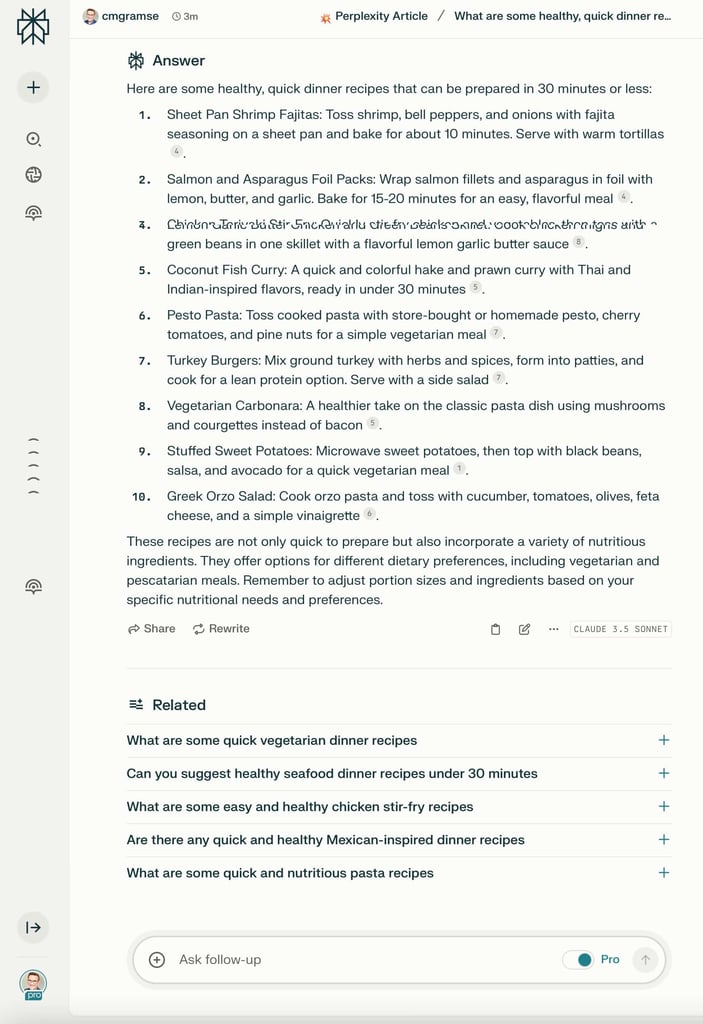 Perplexity answer view for a recipe query, showing a synthesized response with cited sources