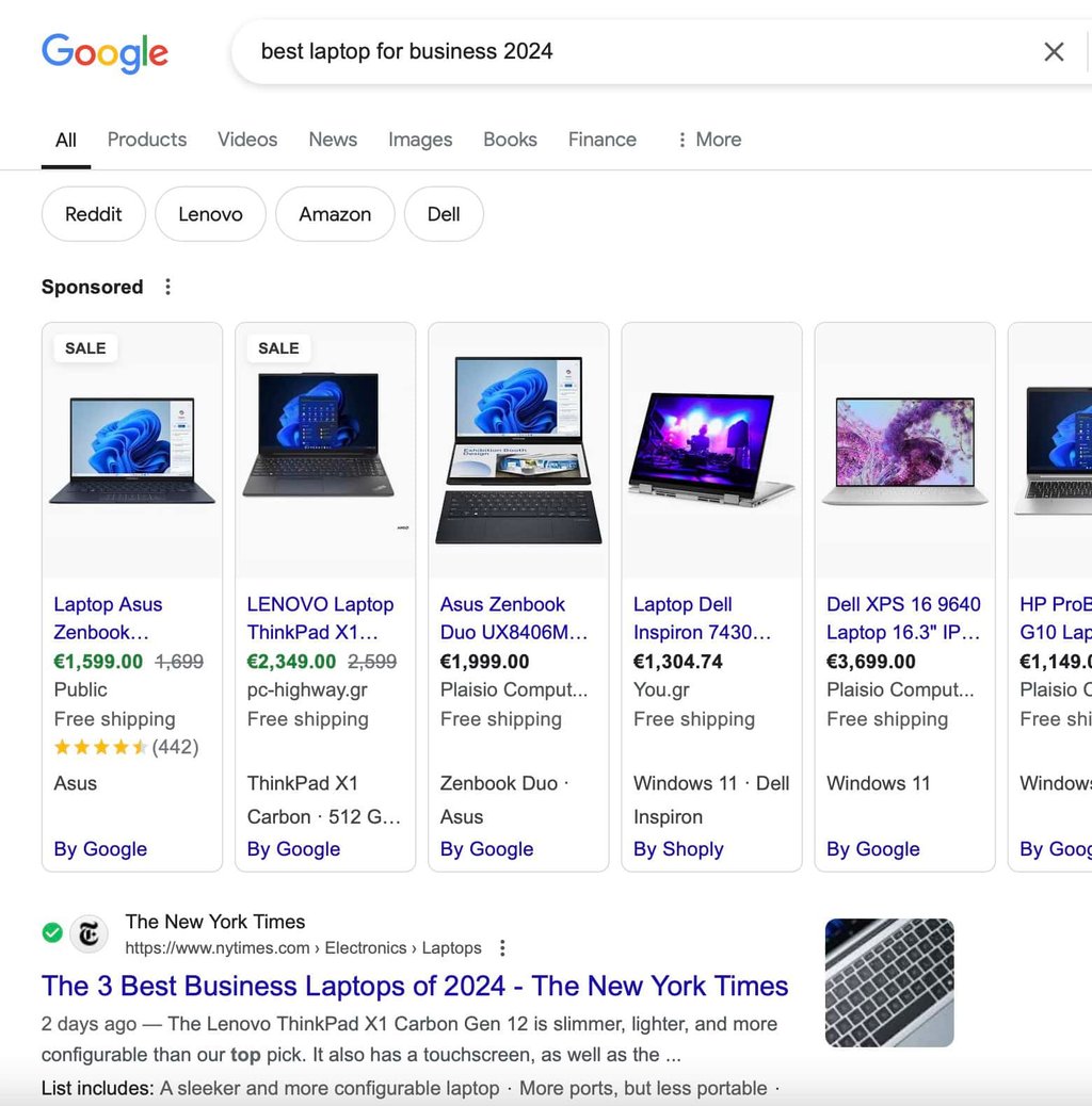 Google search results for a laptop research query, showing multiple links and ads to compare manually