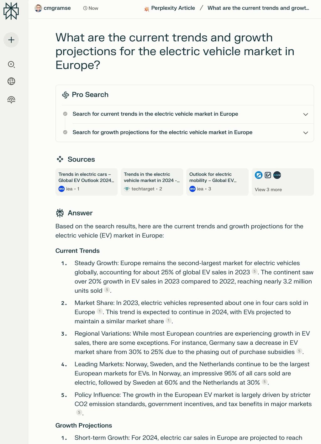 Perplexity market analysis response synthesizing trends and projections into a structured research summary