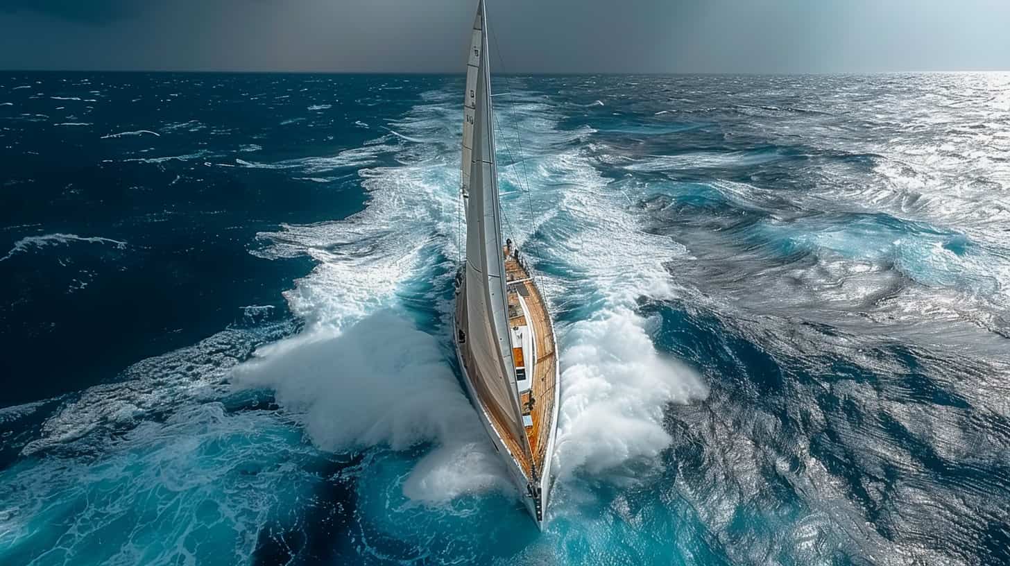 An aerial view of a sailboat navigating through choppy ocean waters, symbolizing the WAVES AI Framework journey